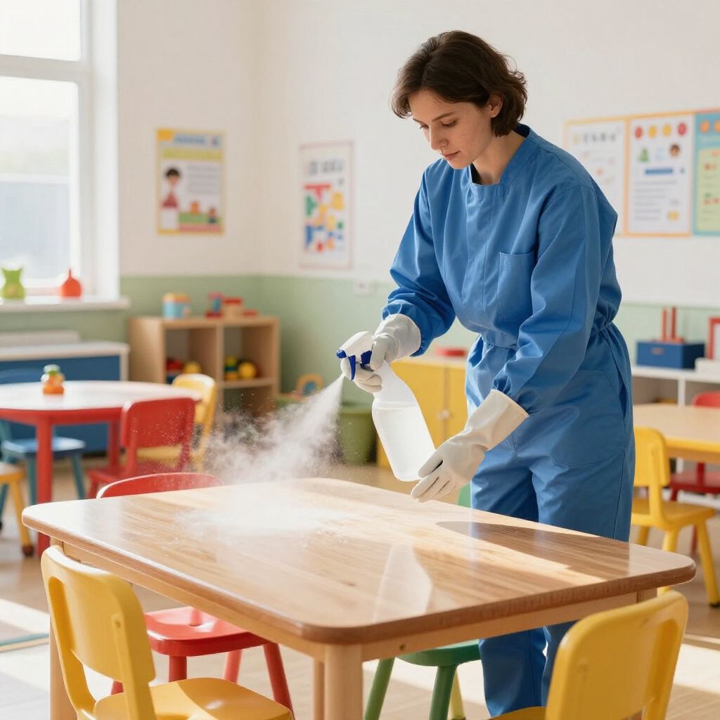 Woman in blue protective suit spraying a wooden table in a brightly lit classroom.