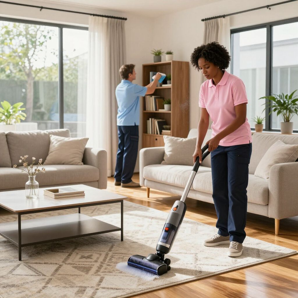 Woman using a vacuum on a rug, man dusting a bookshelf in a living room.