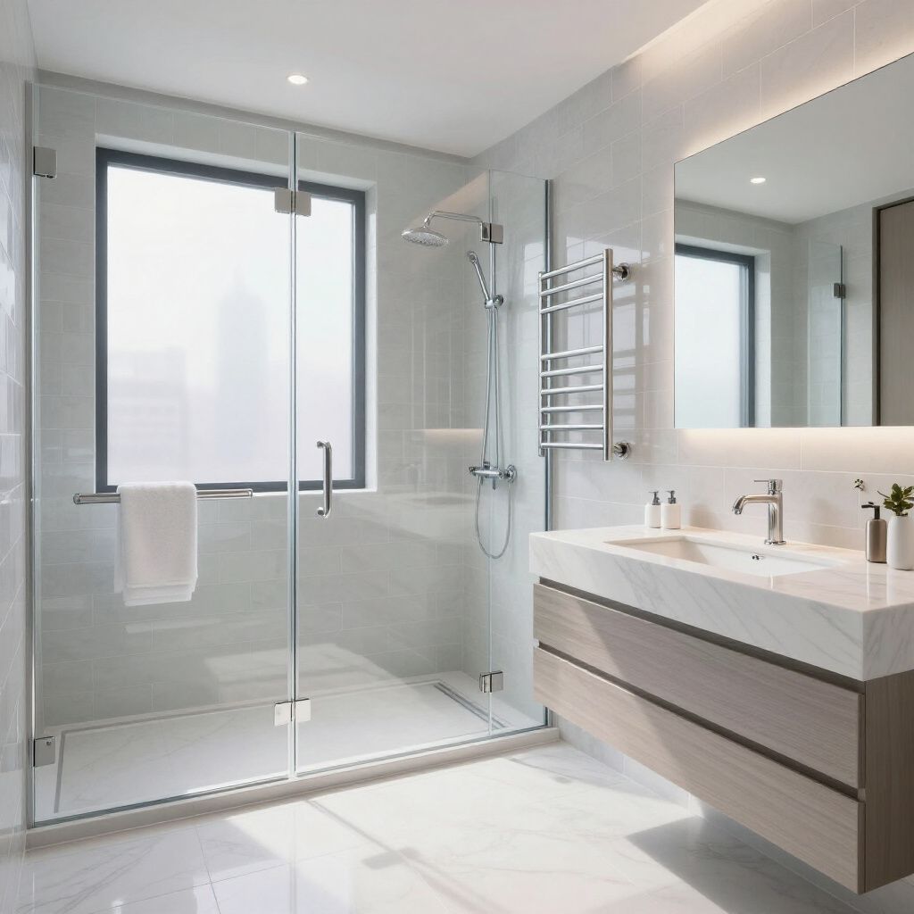 Modern white bathroom with a glass shower, vanity, and large window.