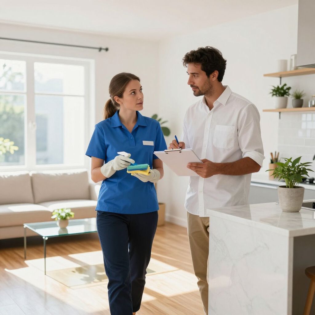 A cleaner in blue uniform and a man in white shirt discuss cleaning details, holding a clipboard, in a bright apartment.