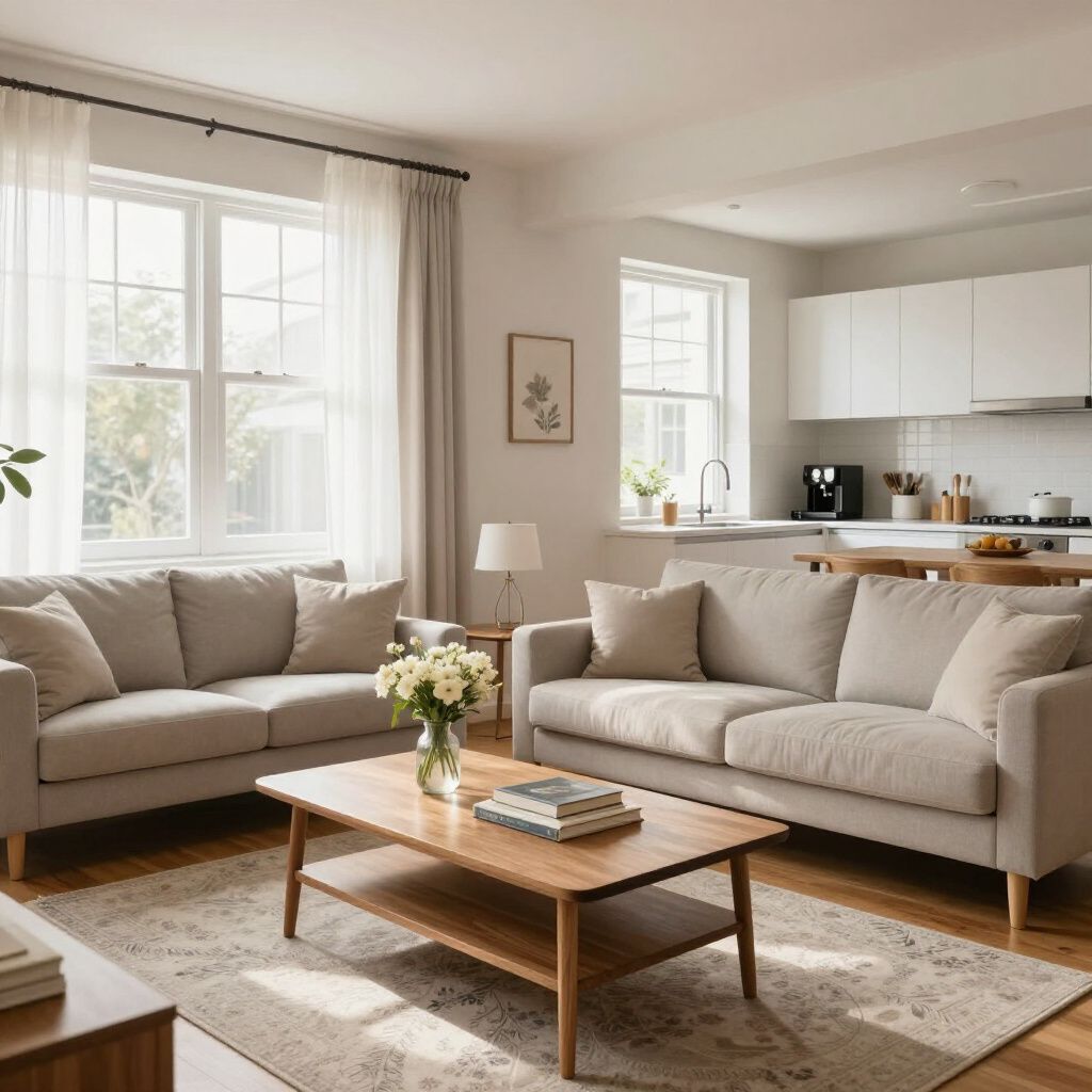 Living room with two beige sofas, wooden coffee table, and kitchen in background.