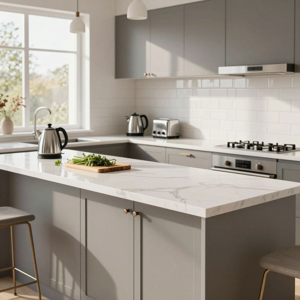 Modern gray kitchen with white countertops, island, and stainless steel appliances.