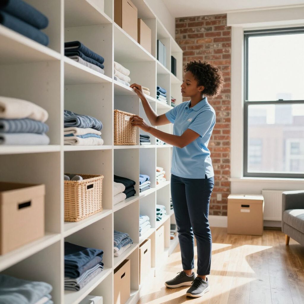 Woman organizing clothes on shelves in a bright room with a brick wall.