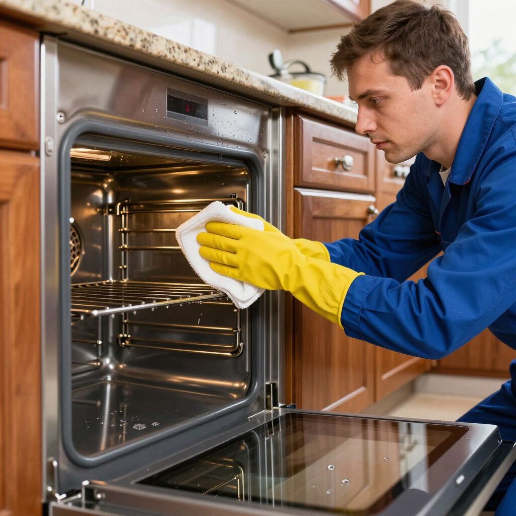 Man in blue overalls and yellow gloves cleans oven with a white cloth.
