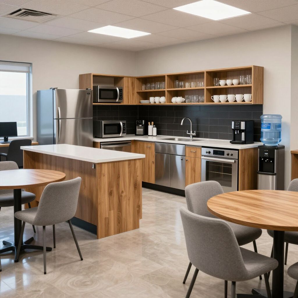 Office kitchen with stainless steel appliances, wood cabinets, island, round tables and chairs.