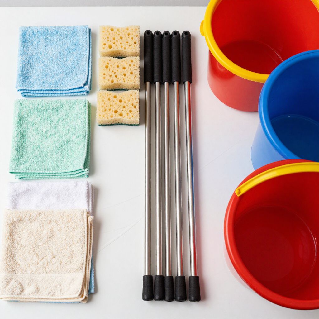 Cleaning supplies: towels, sponges, mop handles, and colorful buckets on a white surface.