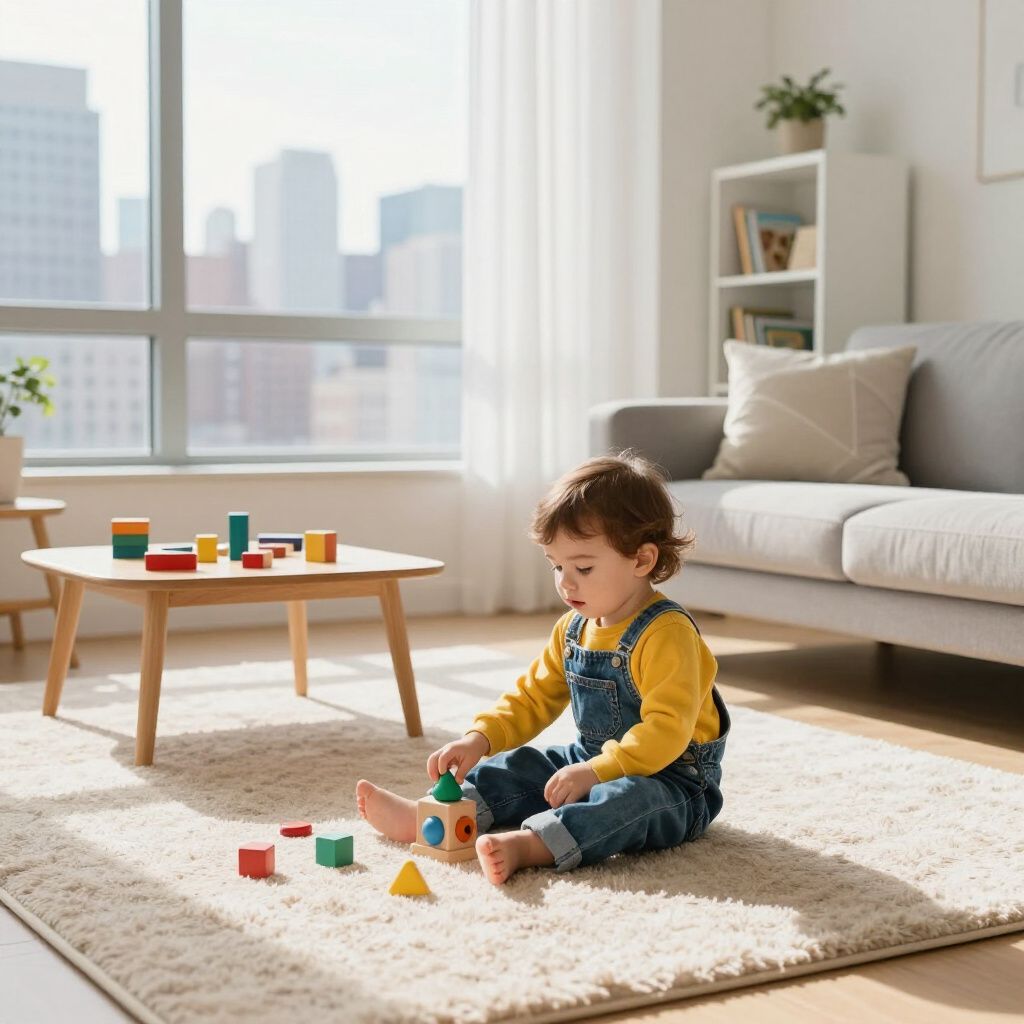 A child in overalls and a yellow shirt plays with wooden blocks on a rug in a sunny living room.