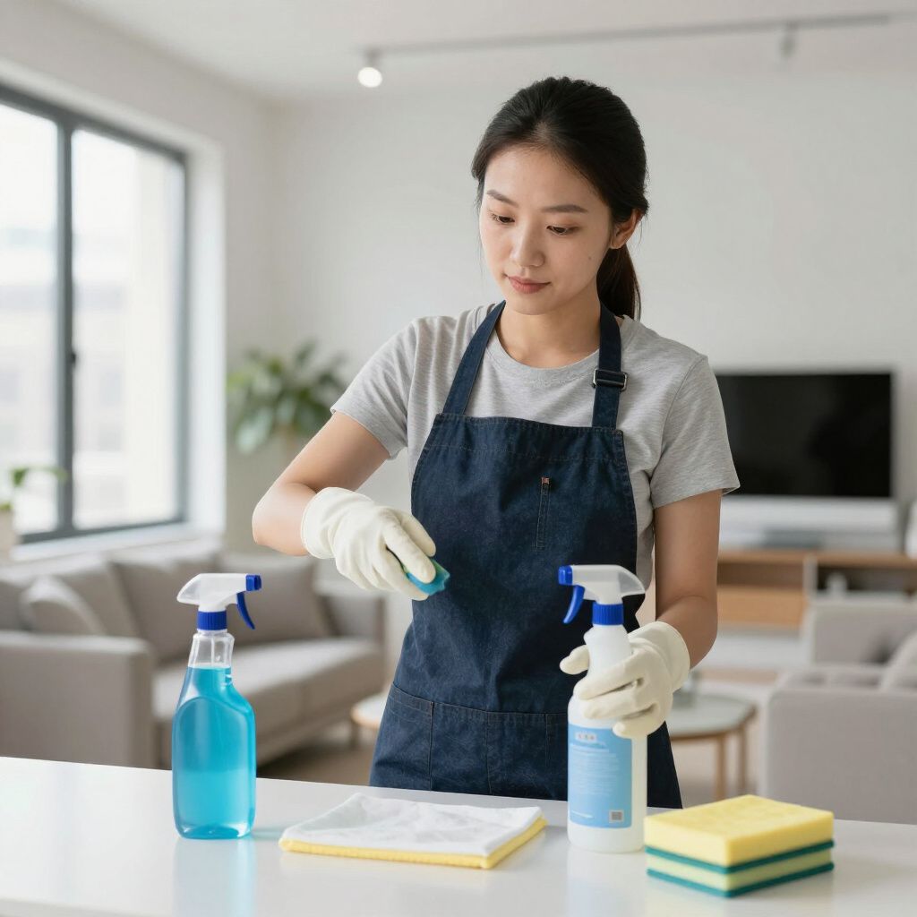 Woman in apron and gloves cleaning surfaces with spray bottles and sponge.