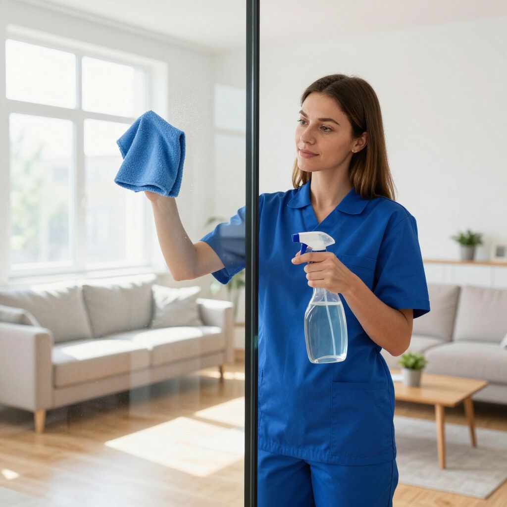 Woman in blue uniform cleaning a glass surface with a spray bottle and cloth in a living room.