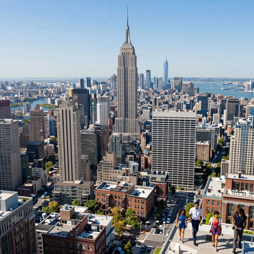 New York City skyline with Empire State Building; people walking on rooftop. Sunny day.