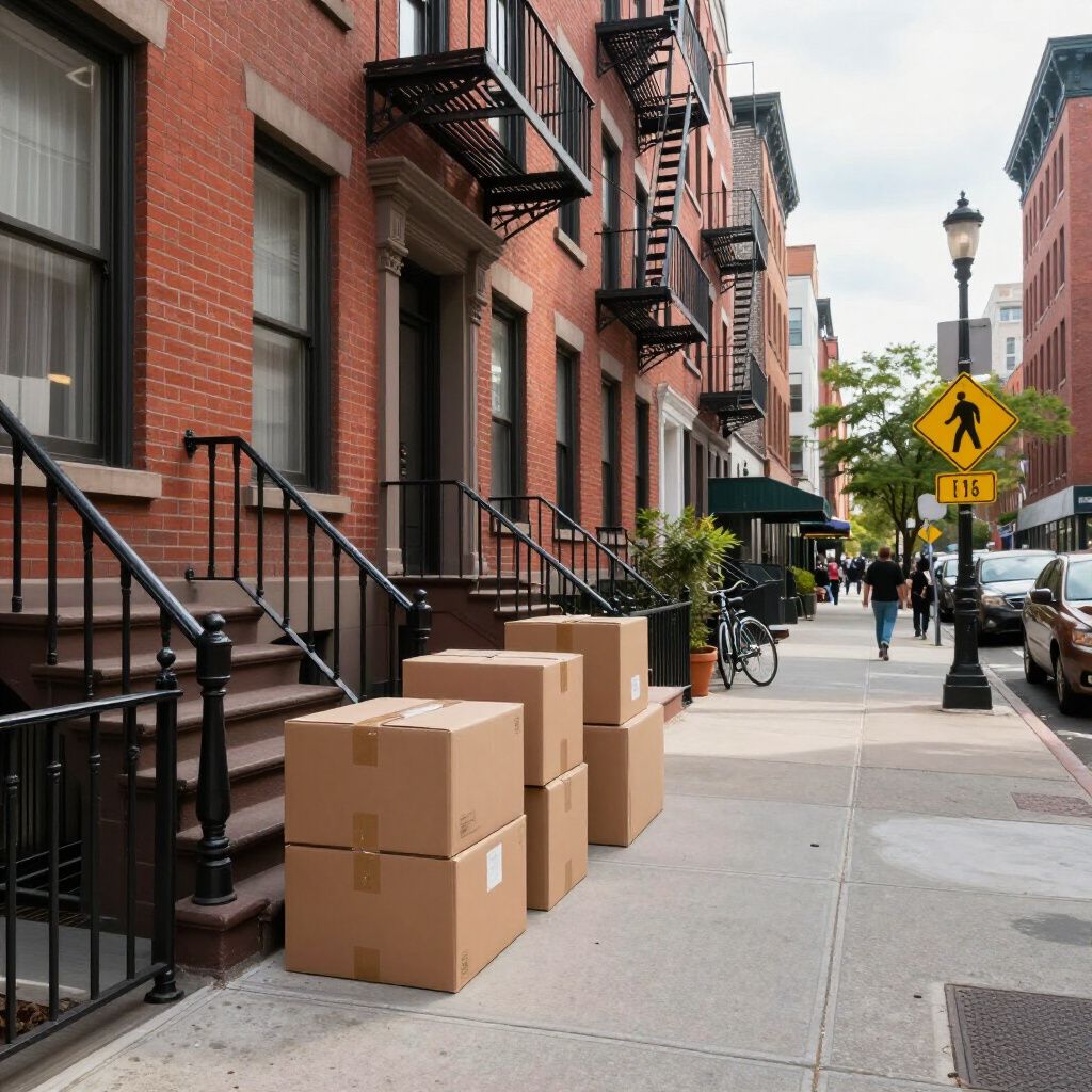 Cardboard boxes stacked on a sidewalk in front of a brick building. People walk along the street.