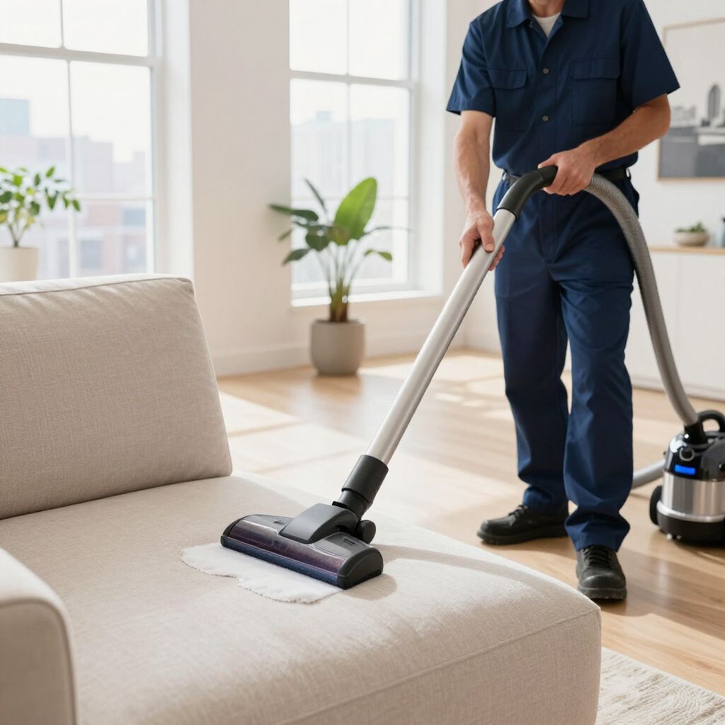 Person vacuuming a light-colored couch in a well-lit living room, with a potted plant and a window visible.