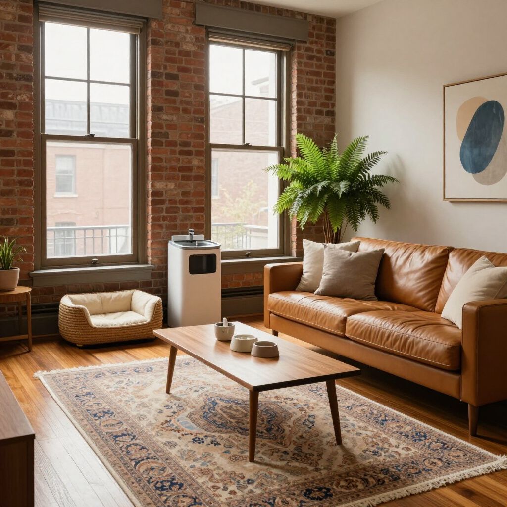 Living room with leather sofa, brick wall, rug, coffee table, and large windows.