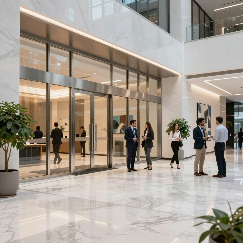 Modern office lobby with people in business attire; glass doors, marble floor, and plants.