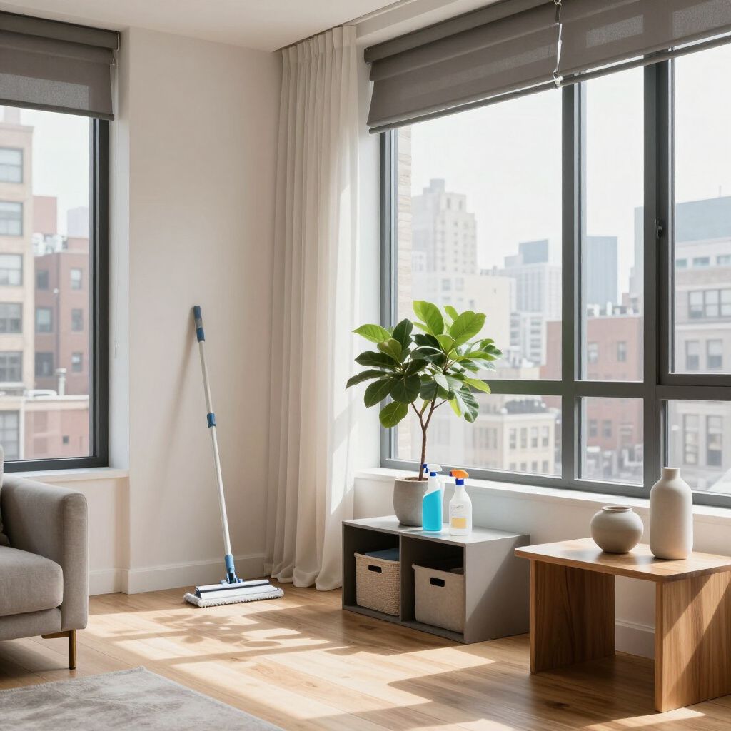 A bright living room with a mop, plants, and a city view.