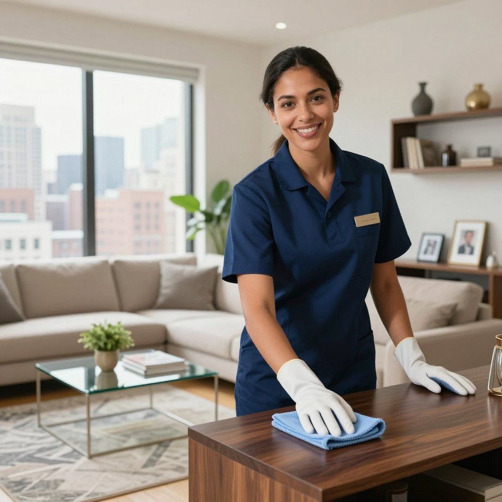 Person in blue uniform cleaning a wooden table with a cloth; smiling in a modern living room.