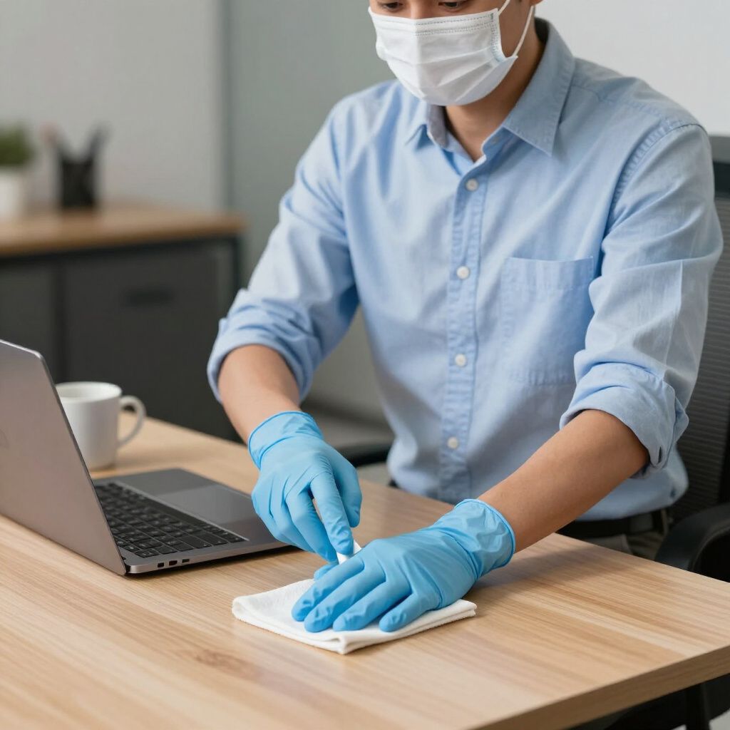 Person in mask and gloves disinfecting desk with a wipe, laptop, and mug visible.