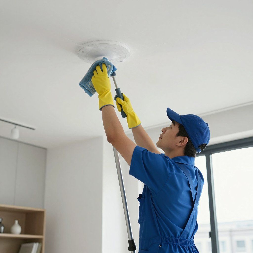 Person in blue uniform cleaning a ceiling with a mop; wearing yellow gloves and a blue hat.