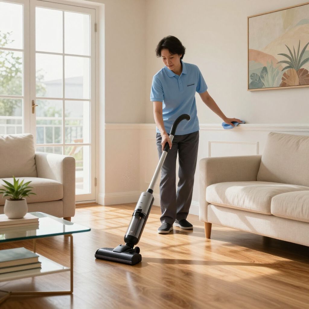 Man using a cordless vacuum on a hardwood floor in a living room; another hand cleans a wall.