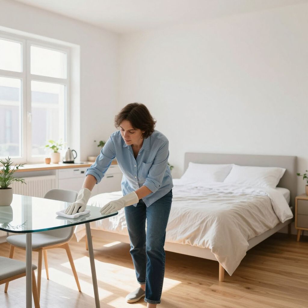 Woman in gloves cleaning a glass table in a bedroom with a bed, window, and small kitchen.