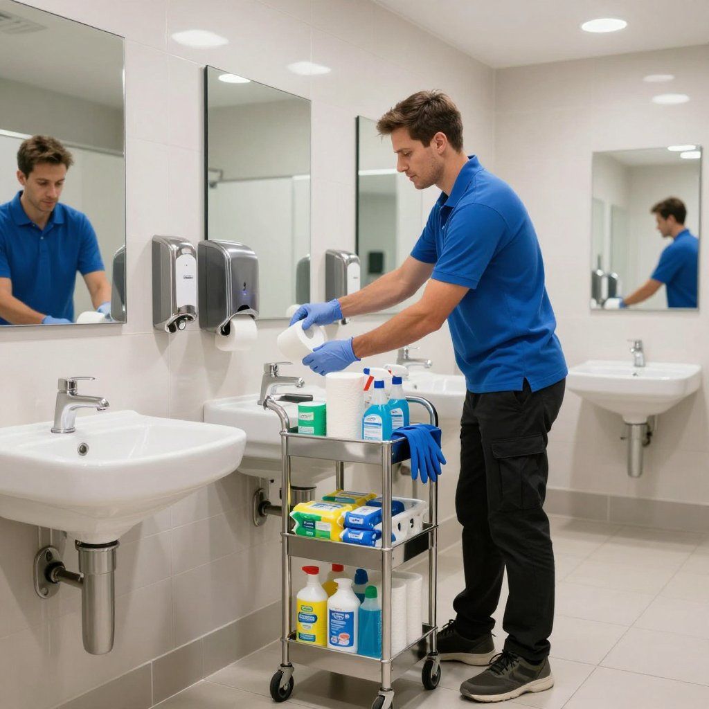 Man in blue shirt, cleaning a public restroom. He's replenishing supplies from a cleaning cart with soaps and paper towels.