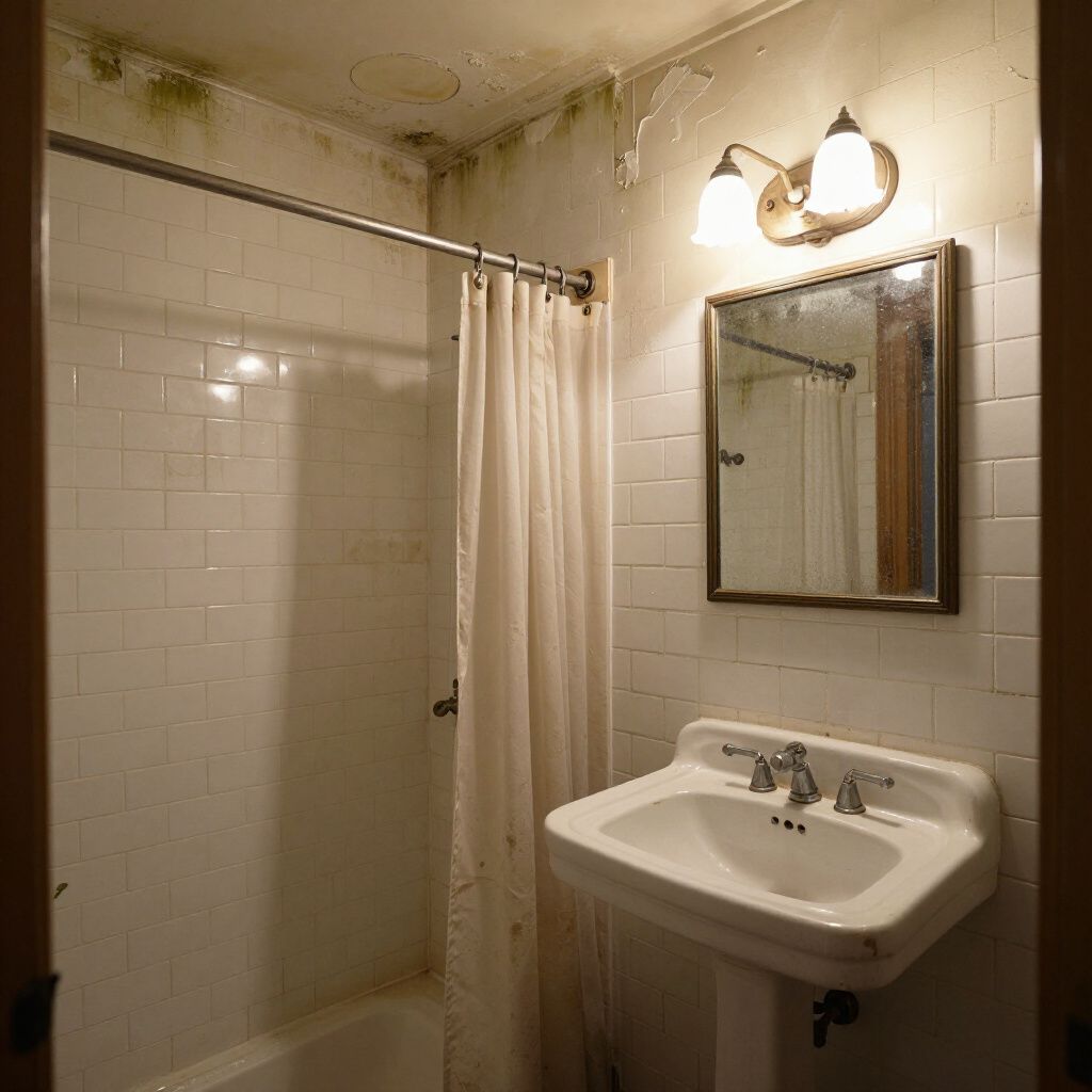Bathroom with white tile, shower curtain, sink, mirror, and mold on the ceiling.