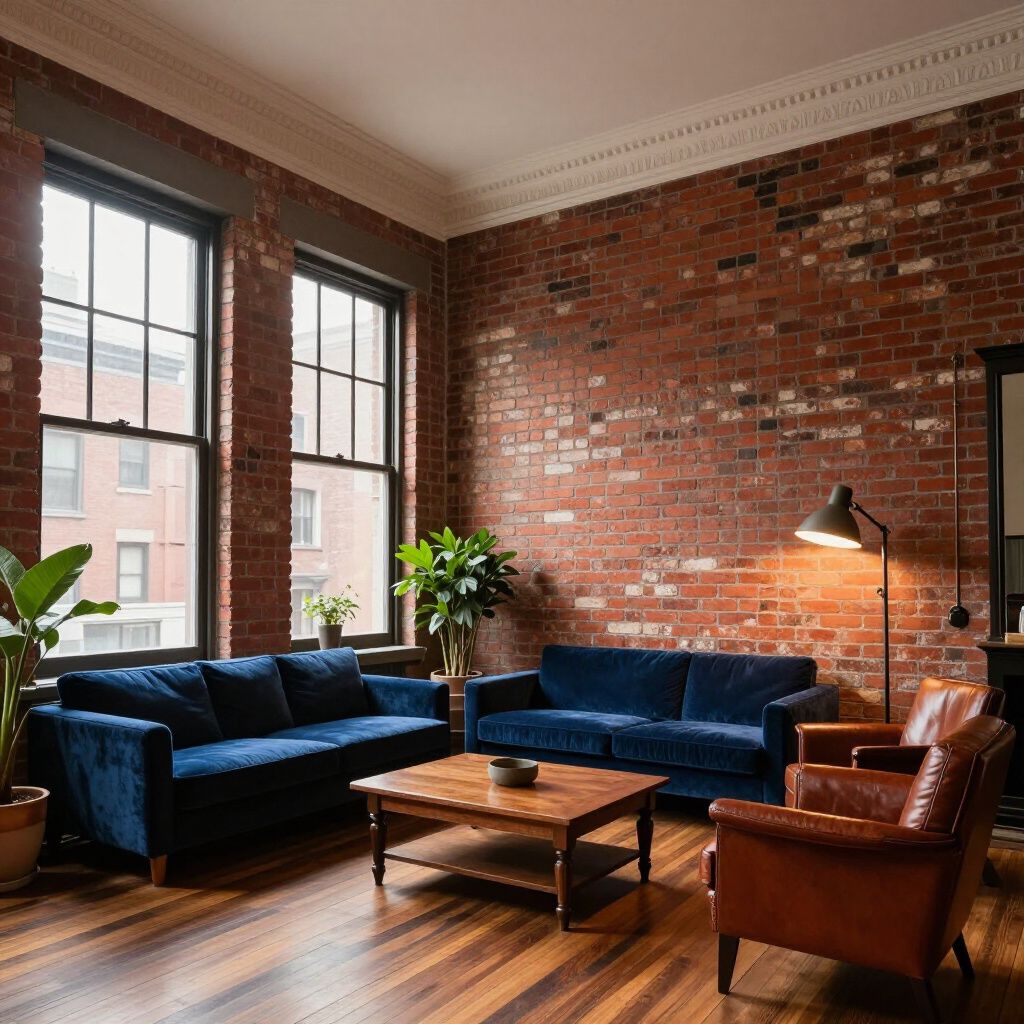 Living room with brick wall, two blue velvet sofas, brown leather armchair, wooden coffee table, and large windows.