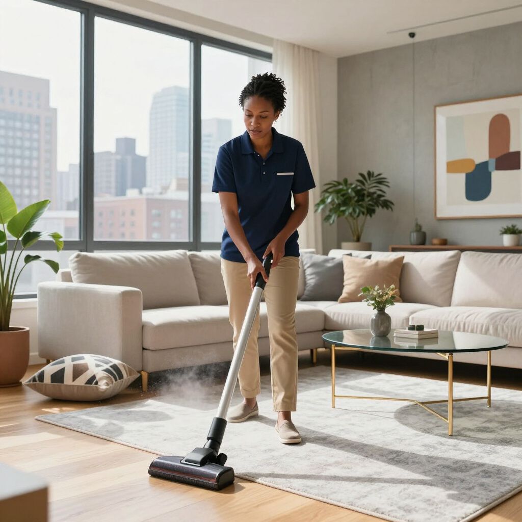 Woman vacuuming rug in a modern living room with city view, sunlight, and a neutral color palette.