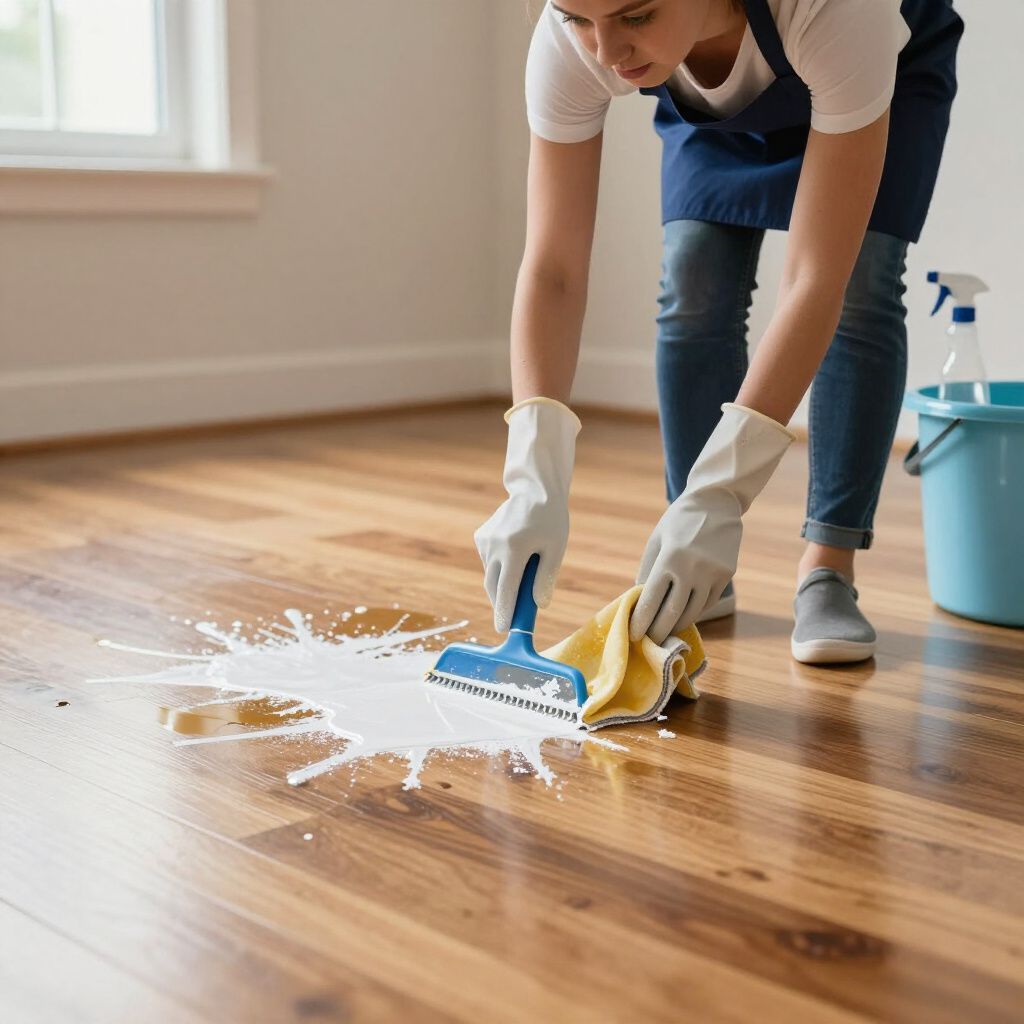 Woman in gloves cleaning a white spill on a wooden floor with a squeegee and cloth.