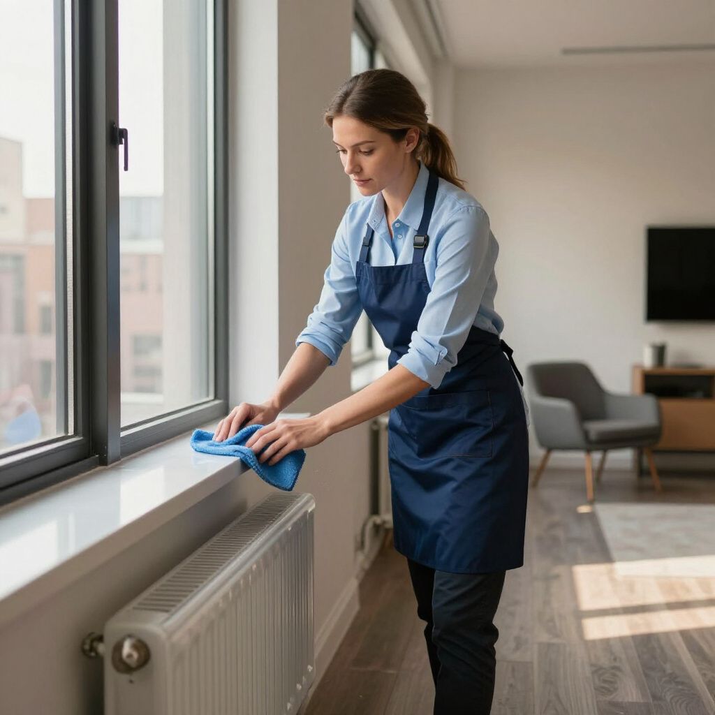 Woman in blue apron cleaning a windowsill with a blue cloth in a living room.