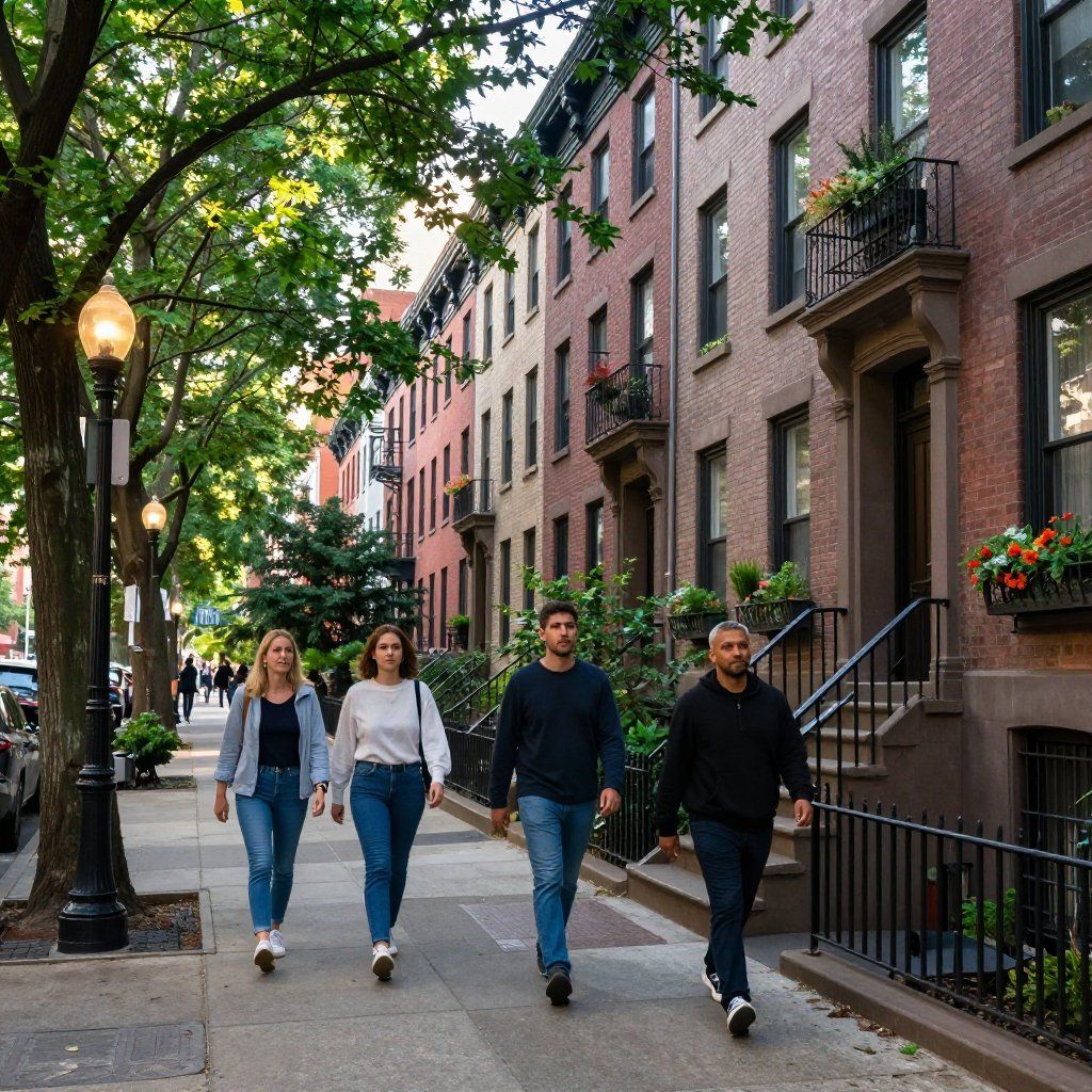 Four people walking on a sidewalk in front of brownstone buildings with green trees.