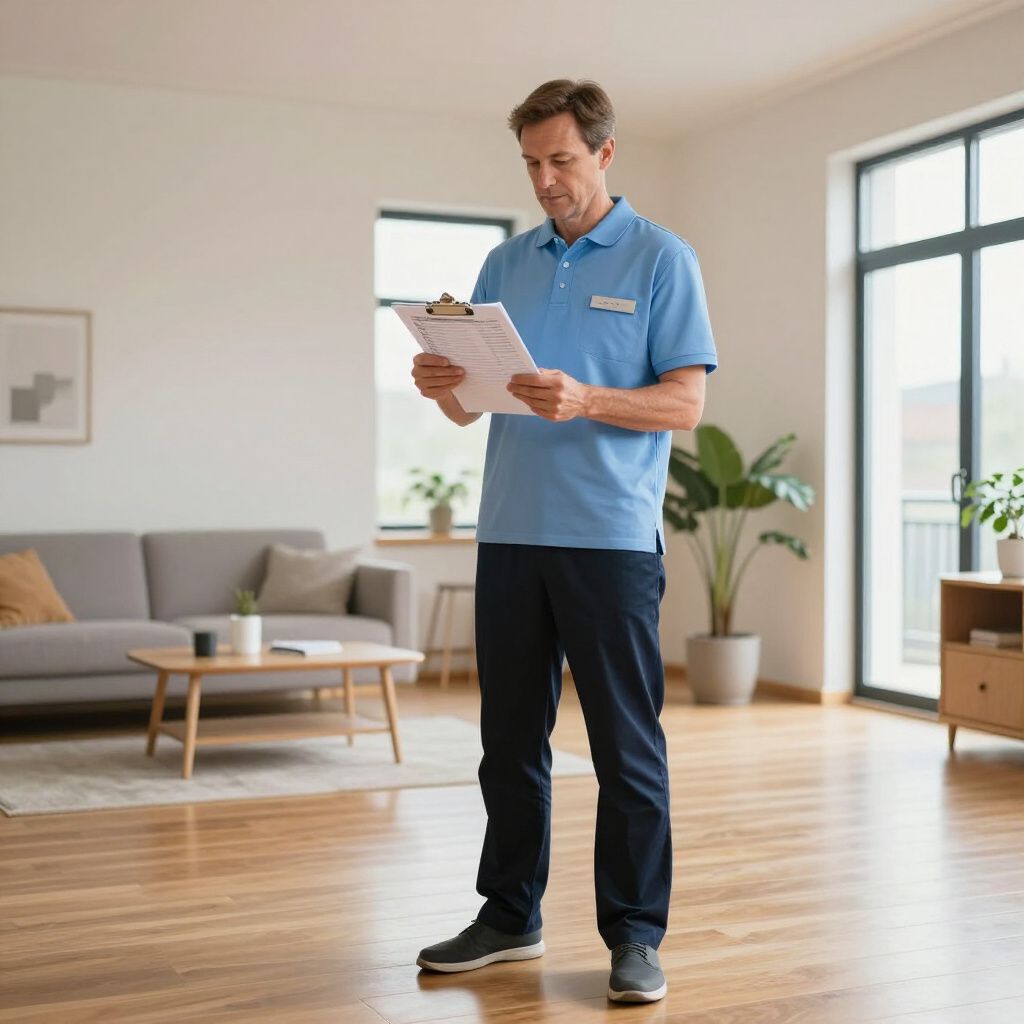 Man in blue shirt and pants reviews clipboard in a bright living room with furniture and large windows.