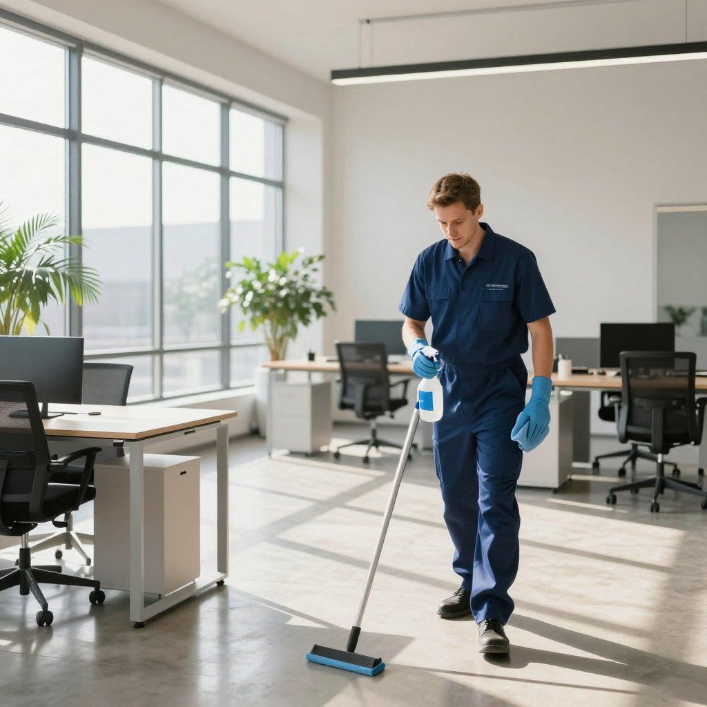 A man wearing blue work clothes mops an office floor. He's wearing gloves and looking down, with sunlight streaming in.