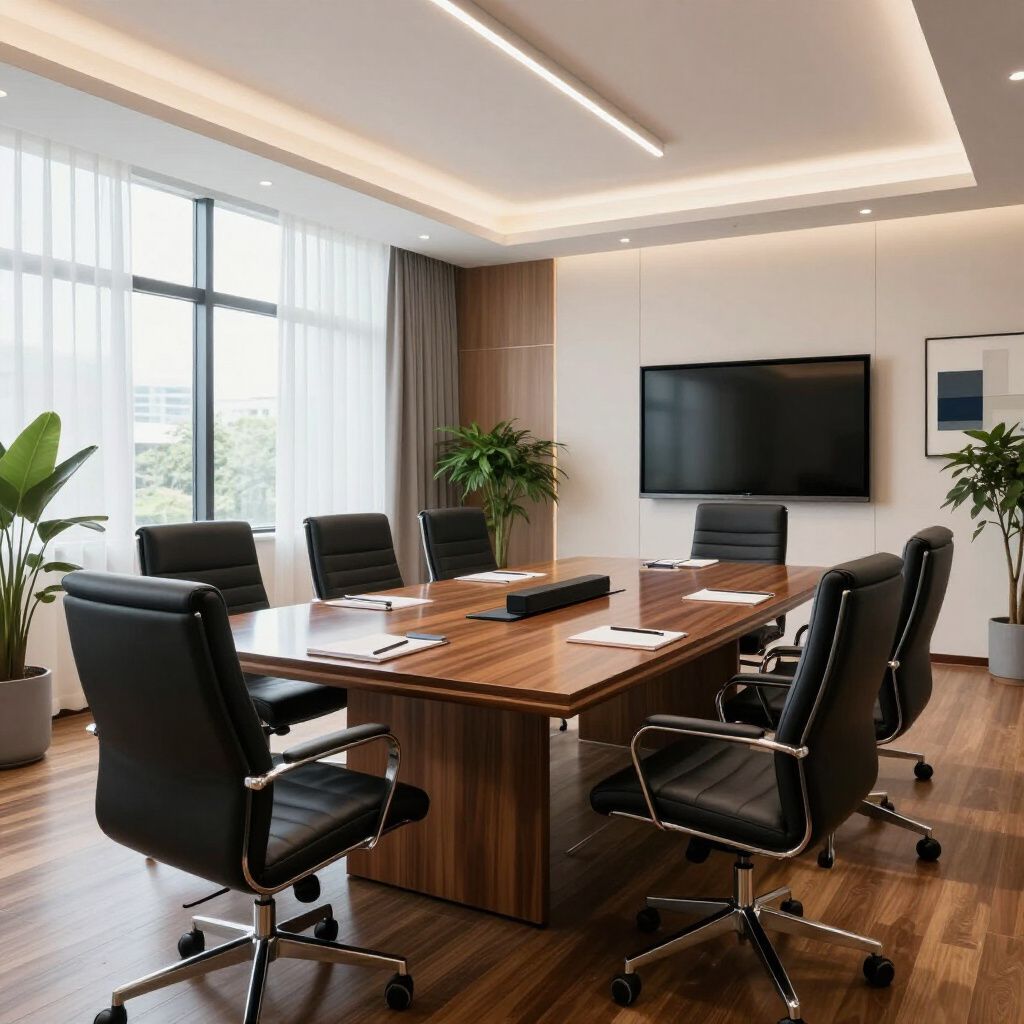 Conference room with large wooden table, black leather chairs, large window, and mounted TV.