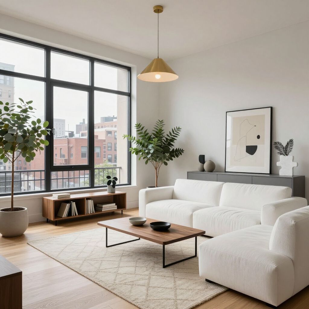 Modern living room with white sofa, wood coffee table, and large window overlooking city.
