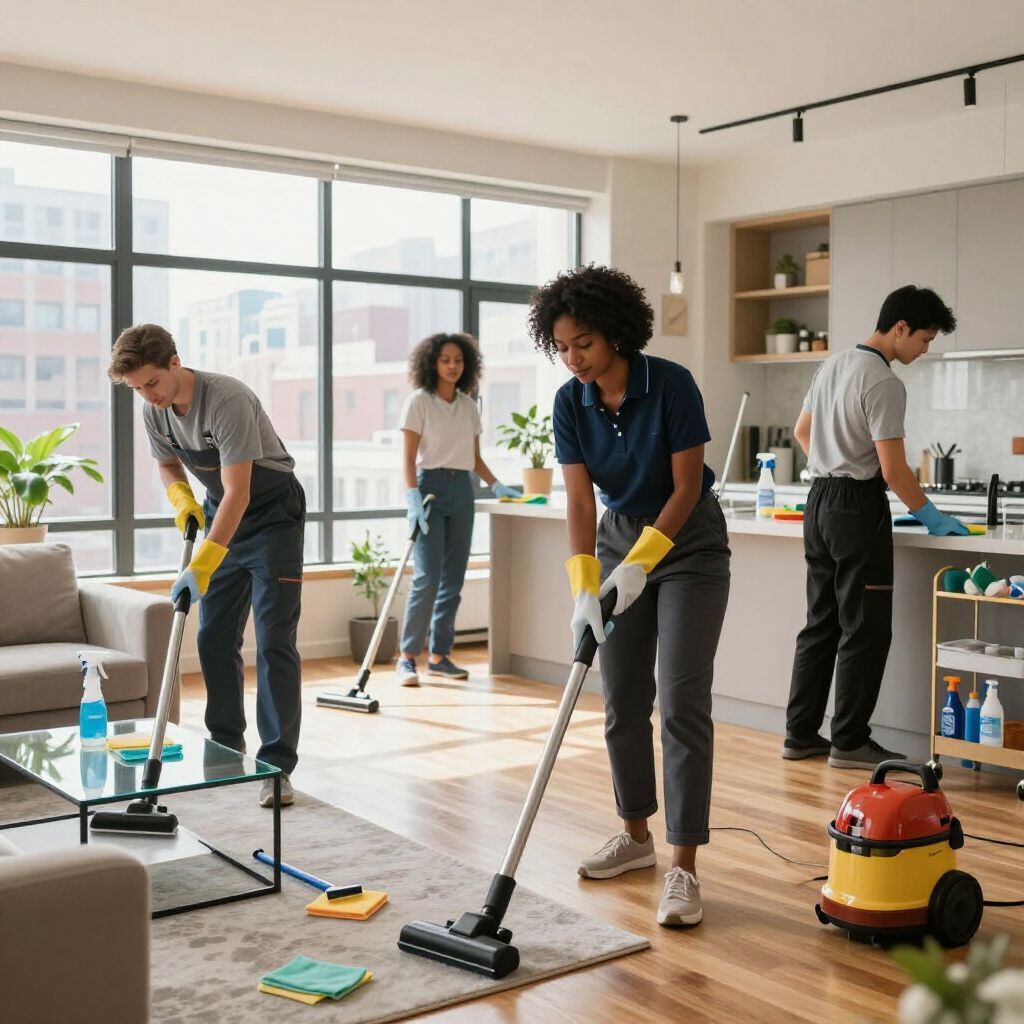 Four people cleaning a modern home; vacuuming, dusting, and wiping surfaces.