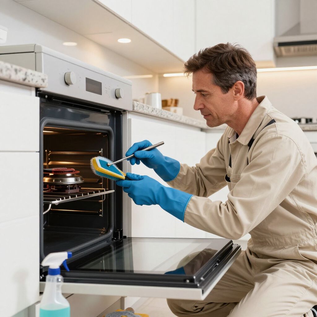 Man in gloves cleaning oven with a sponge and tool. White kitchen setting.