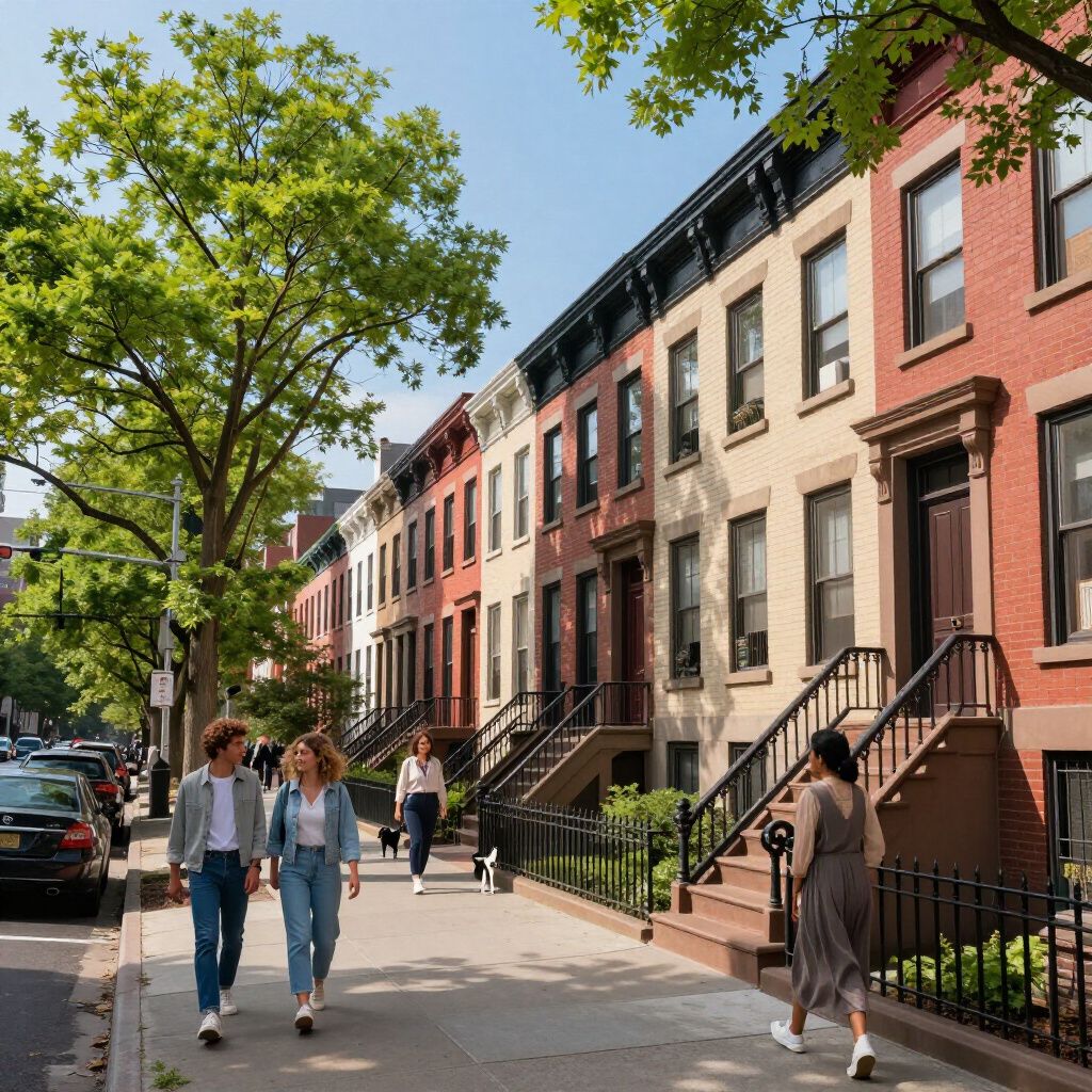 People walking on a sidewalk in front of brownstones on a sunny day.