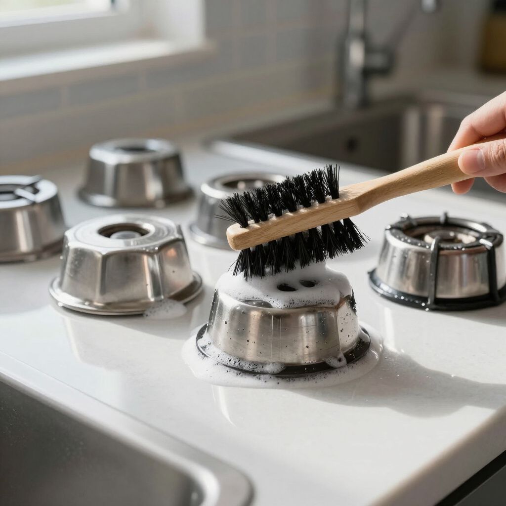 A hand scrubs a soapy gas stove burner with a brush on a kitchen countertop near a sink.