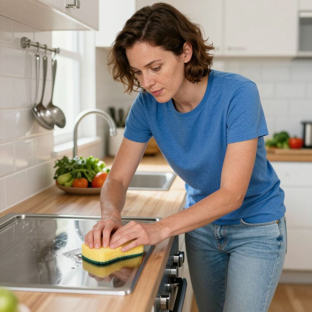 Woman cleaning a stainless steel stovetop with a sponge in a kitchen.
