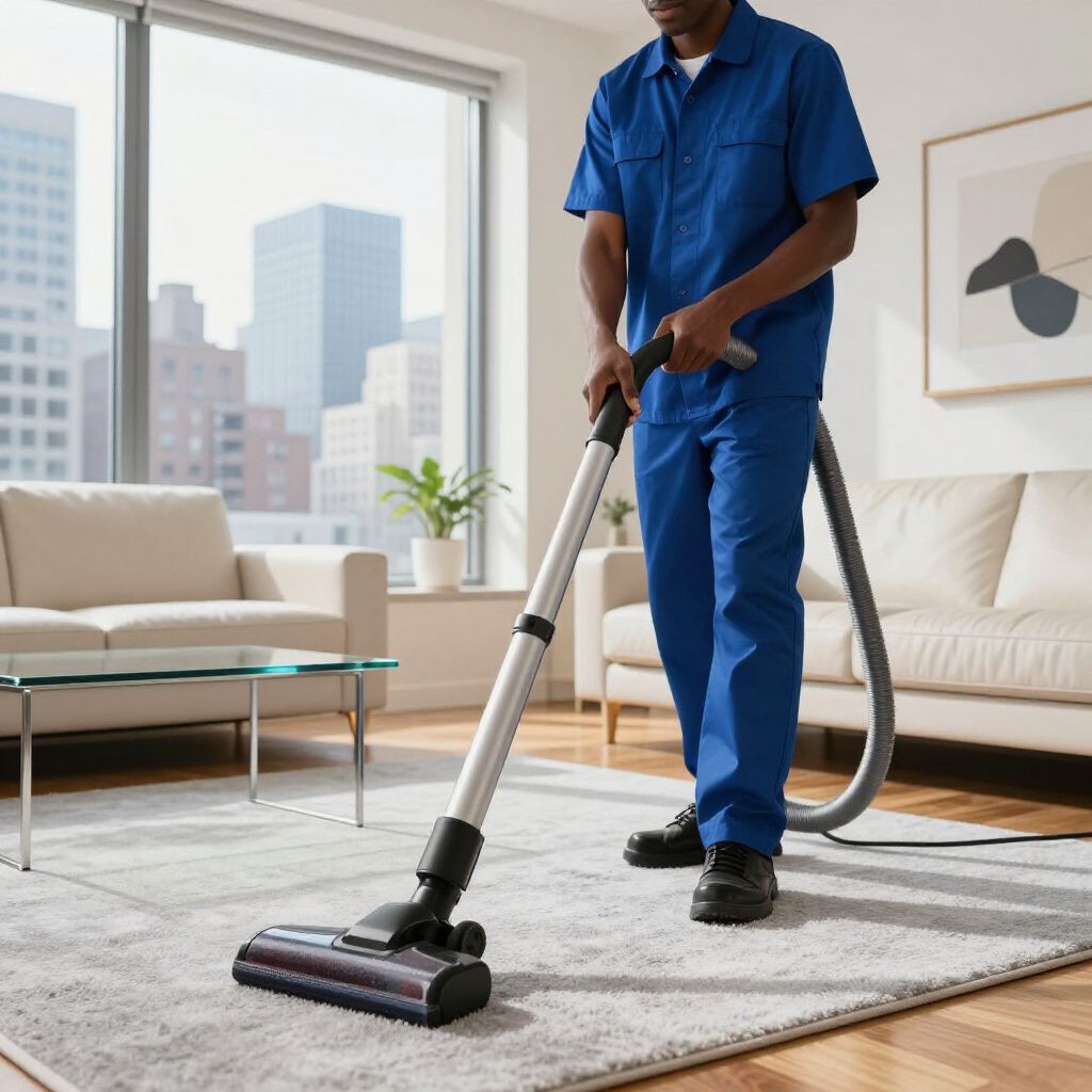 Person in blue uniform vacuums a carpet in a living room with city view, beige sofas, and artwork.