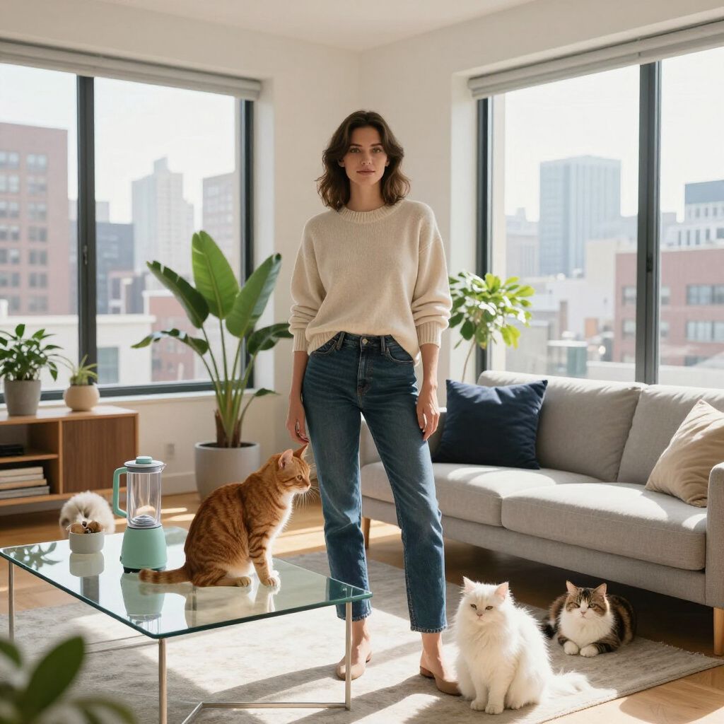 Woman in a living room with four cats, standing near a coffee table and sofa. City skyline visible.