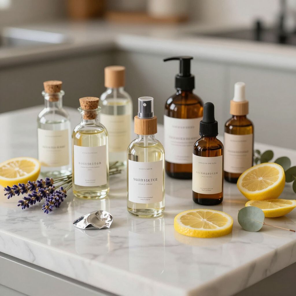 Bottles of essential oils on a marble surface with lemons and lavender.