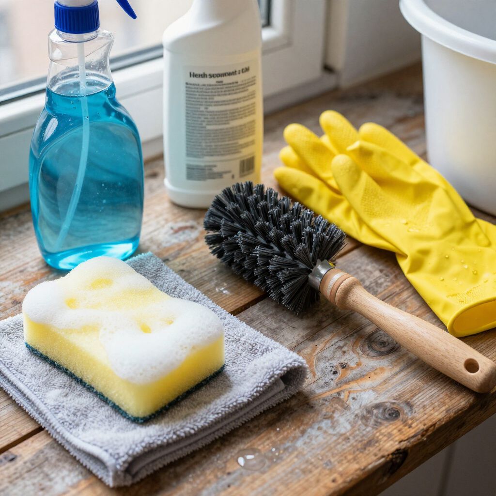 Cleaning supplies on a wooden windowsill: spray bottle, sponge, gloves, brush, and cleaner.