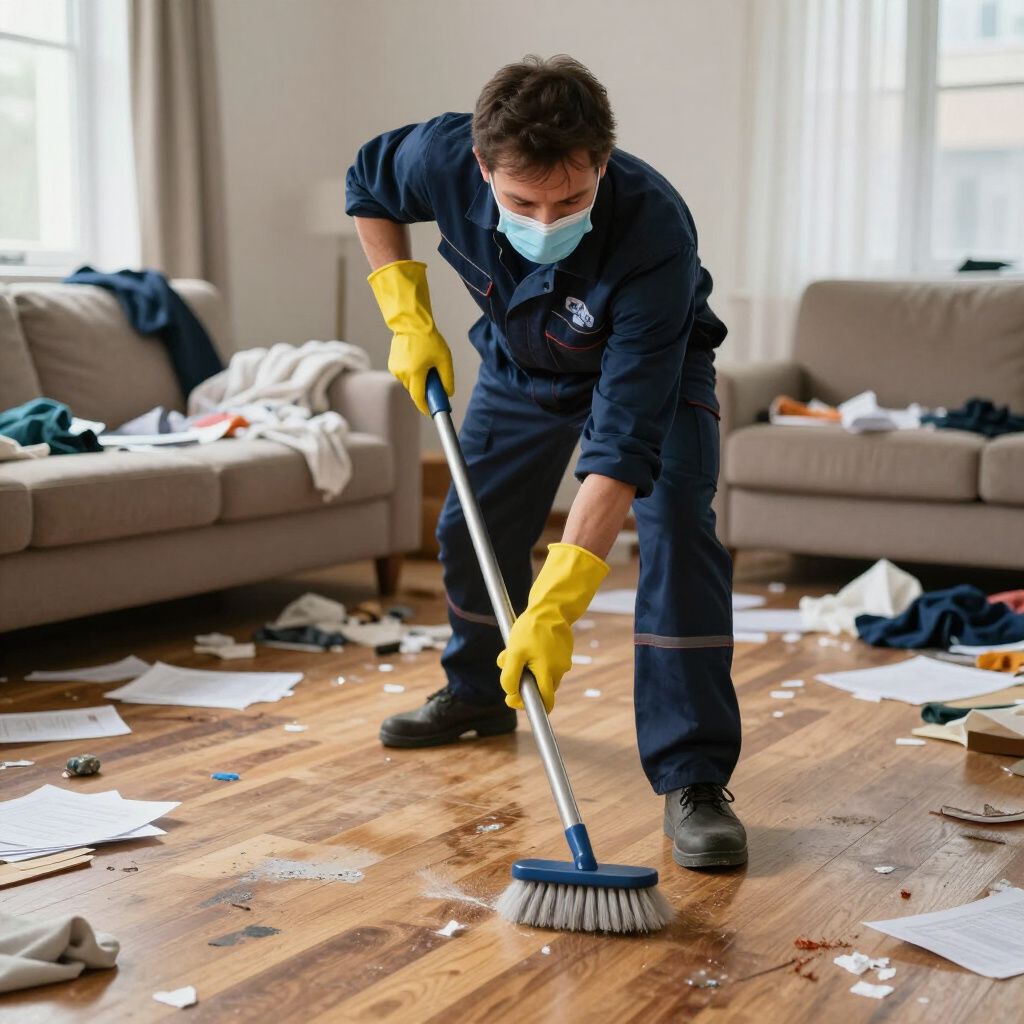 Person wearing a mask and gloves sweeping a messy living room.