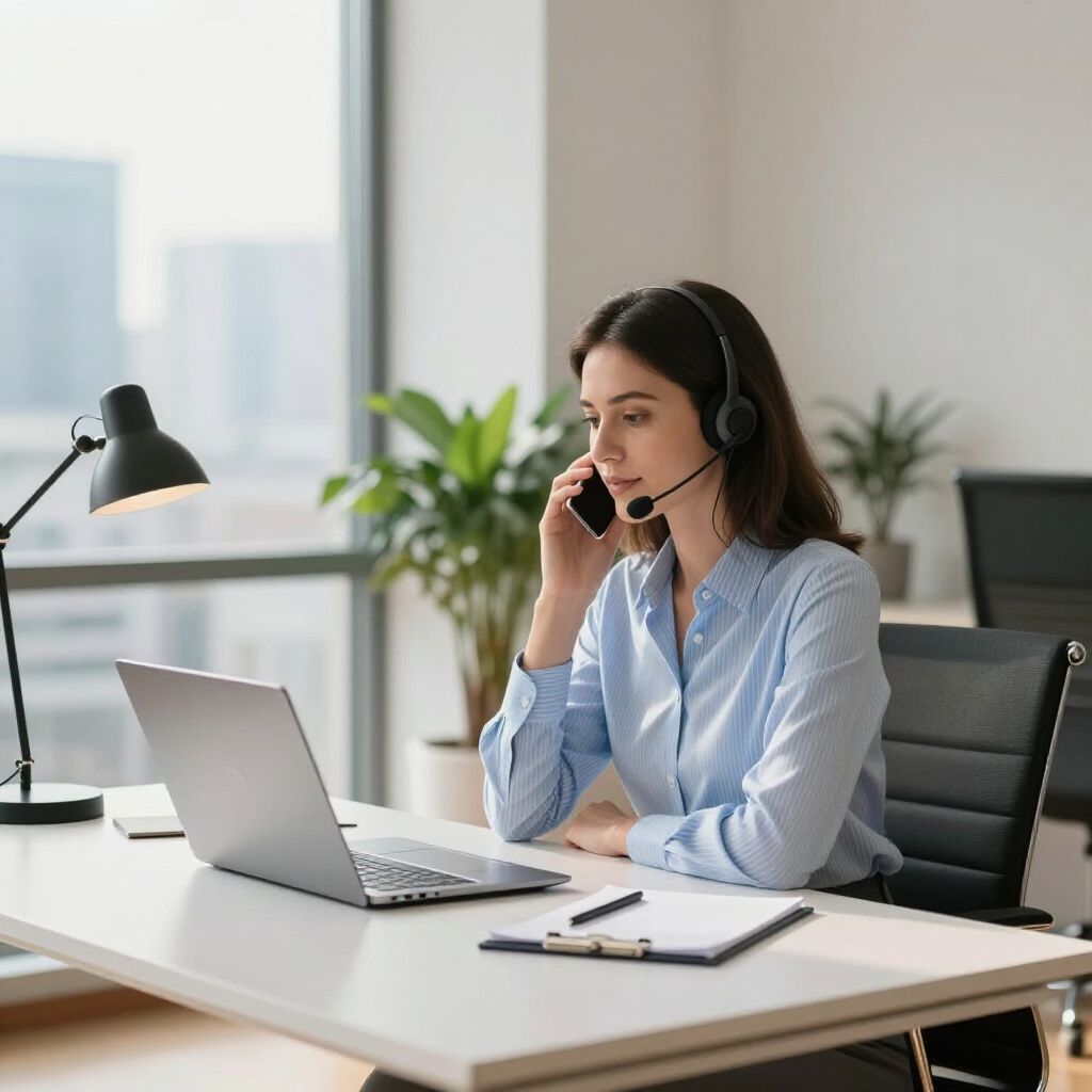 Woman with headset and laptop, talking on the phone in an office.
