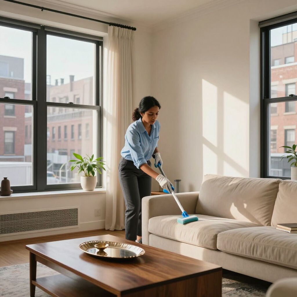 Woman cleaning a beige couch with a blue roller in a bright living room.