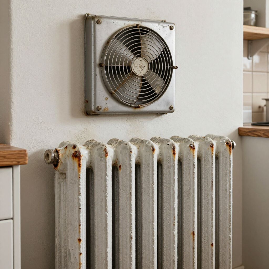 Metal fan and radiator on a white wall. The fan is square, and the radiator is rusty.