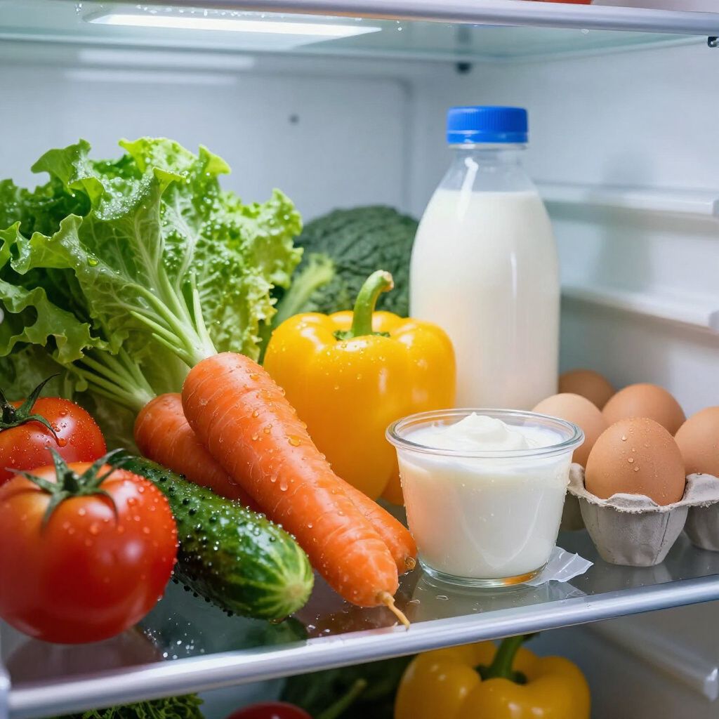 Refrigerator interior filled with fresh vegetables, dairy, and eggs.