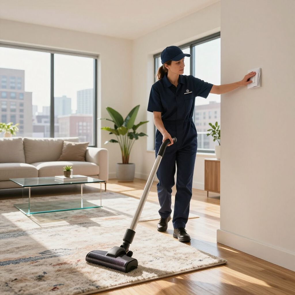 Person in blue uniform vacuums a living room, reaching for a wall switch.